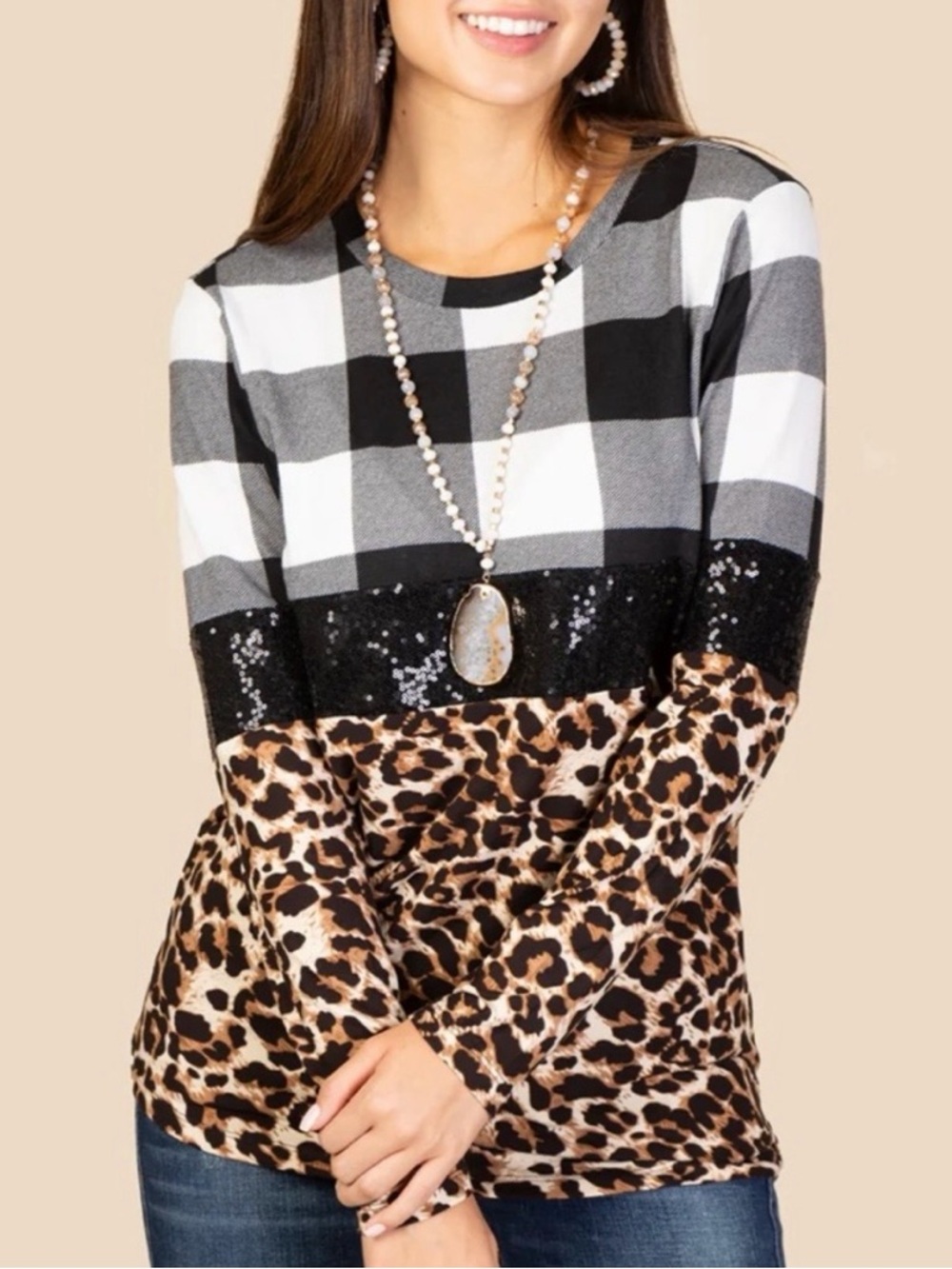 NWOT Sunshine & Rodeos Black/White/Tan Plaid/Leopard Sequin Long Sleeve Tee - M
